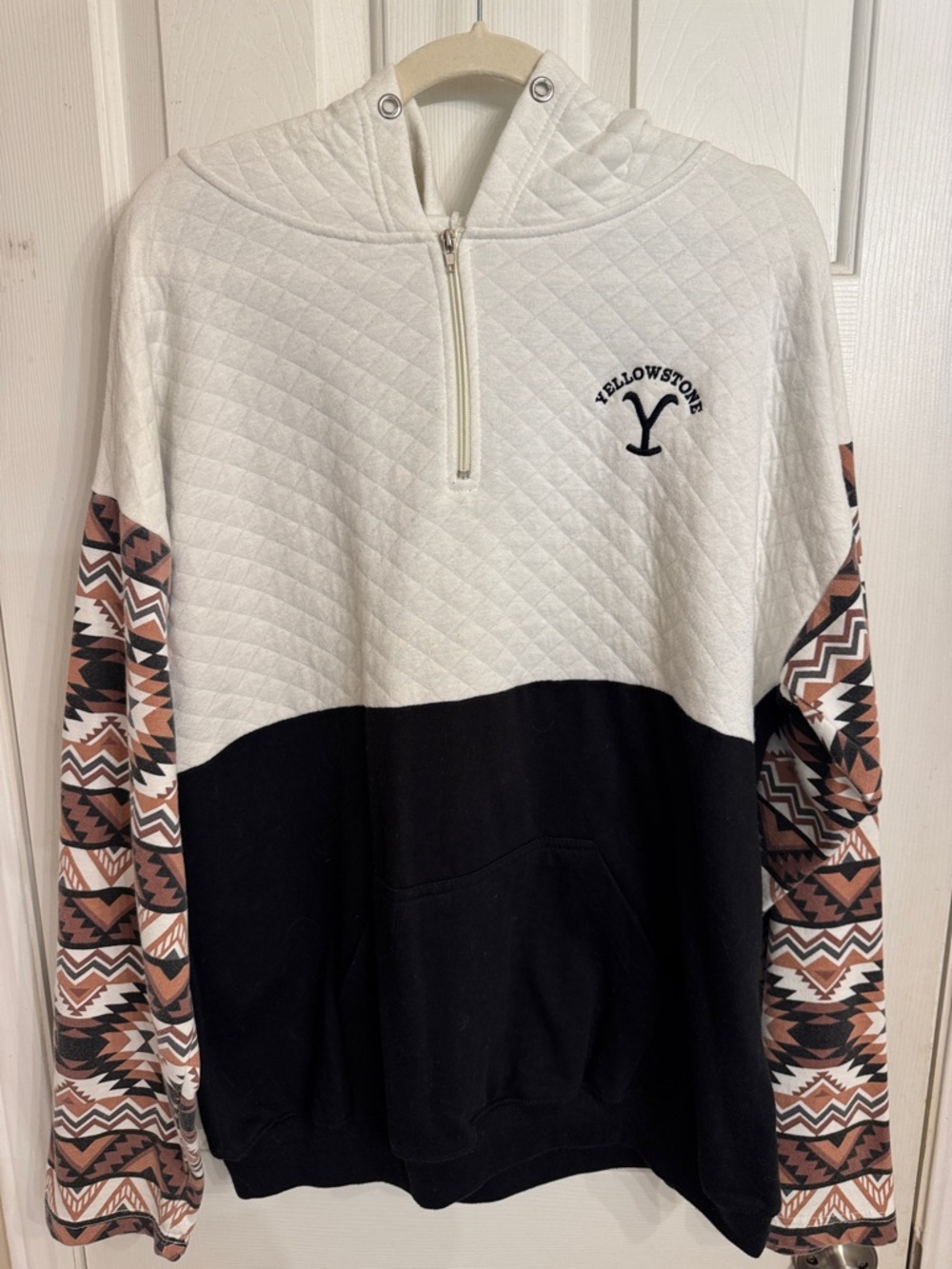 Yellowstone Half-Zip Quilted Hoodie -White, Black & Brown Aztec Sleeves BootBarn